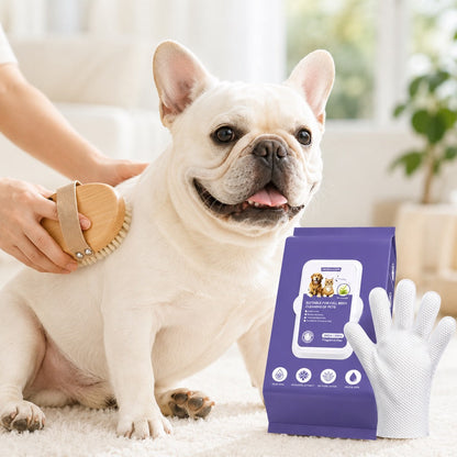 Ortekor Frenchie Daily Grooming Kit for After-Walk & Between-Bath Care - Boar Bristle Brush + Rinse-Free Cleaning Gloves