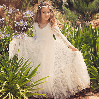 Girls White Lace Communion Dress with Bohemian Details for First Communion Ceremonies and Special Occasions