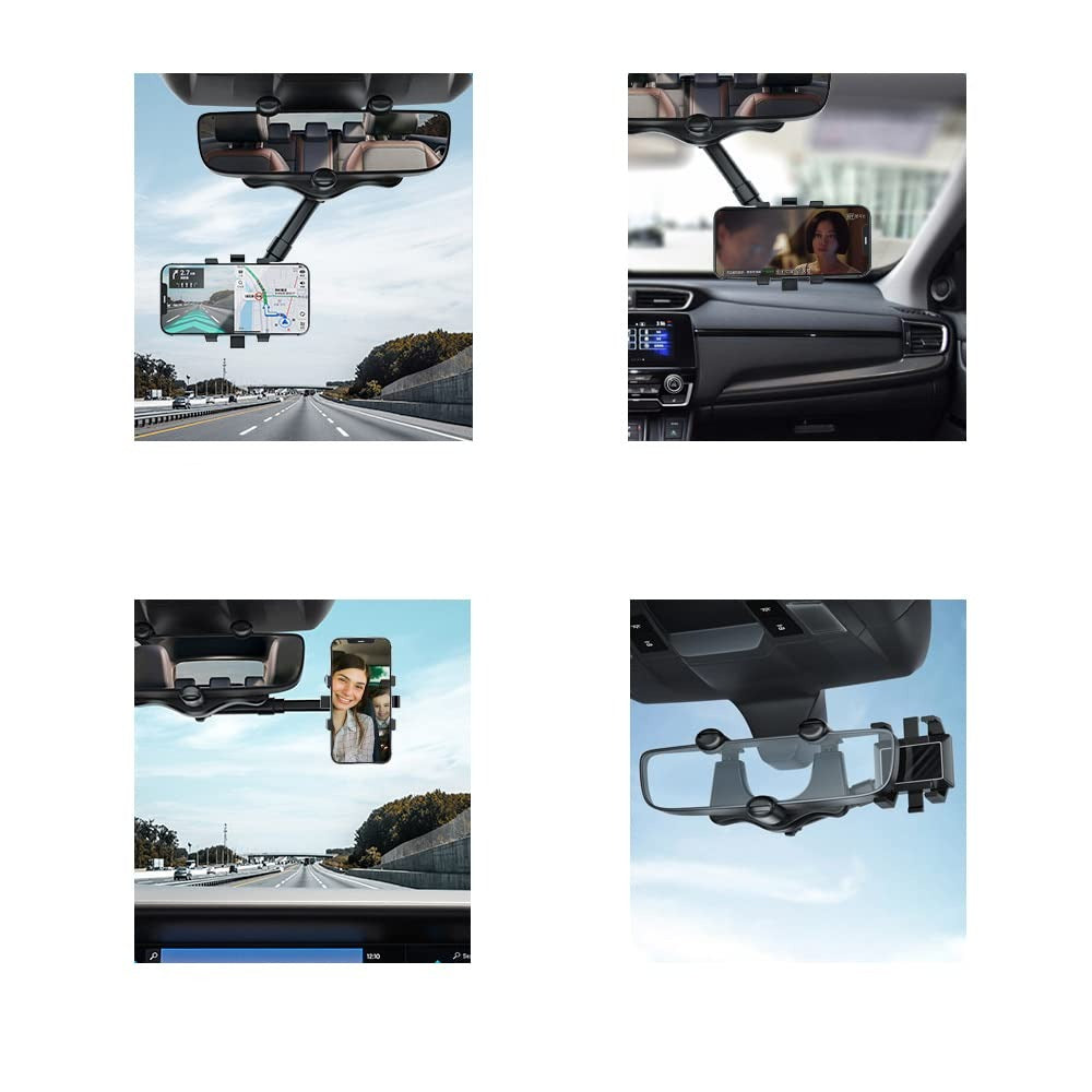 Adjustable Rearview Mirror Phone Mount for Cars – 360° Swivel Arm Clip-On Smartphone Cradle for Hands-Free Navigation & Calls