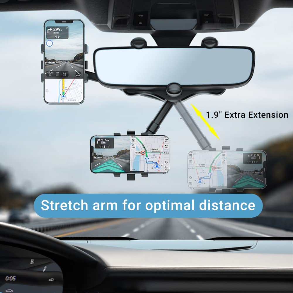 Adjustable Rearview Mirror Phone Mount for Cars – 360° Swivel Arm Clip-On Smartphone Cradle for Hands-Free Navigation & Calls