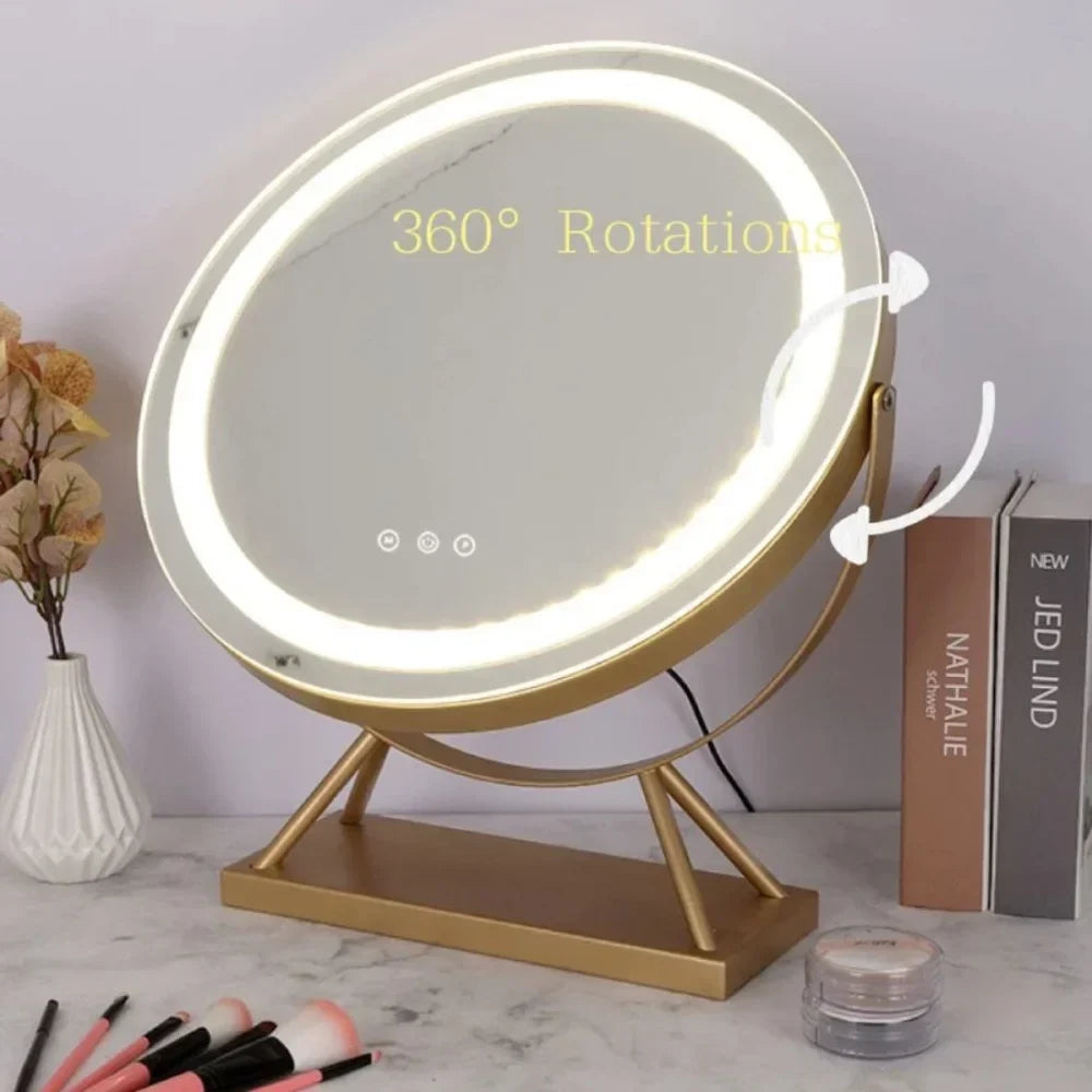 Tabletop Makeup Mirror with LED Light and 15x Magnifying Spot | 360° Rotating Vanity Mirror with 3 Color Temperatures