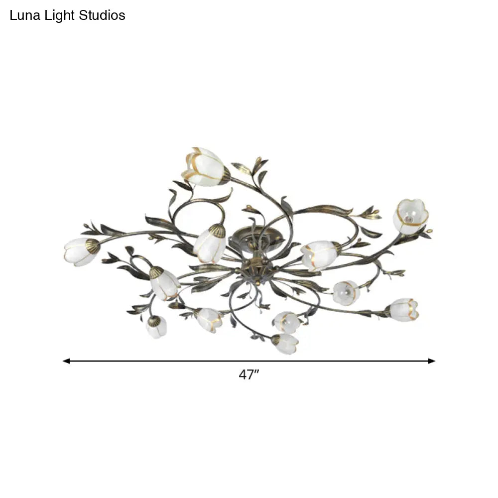 Cream Glass Floral Vine Chandelier with Antique Brass Finish for Bedroom, Dining Room & Living Room
