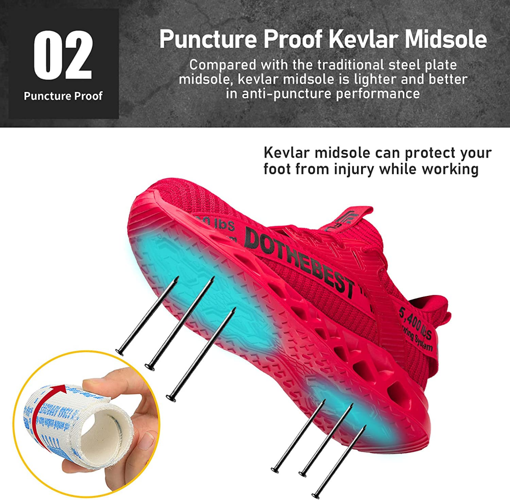Steel Toe Work Shoes with Kevlar Sole – Lightweight Breathable Flyknit Safety Footwear for Construction Warehouse Industrial Jobs