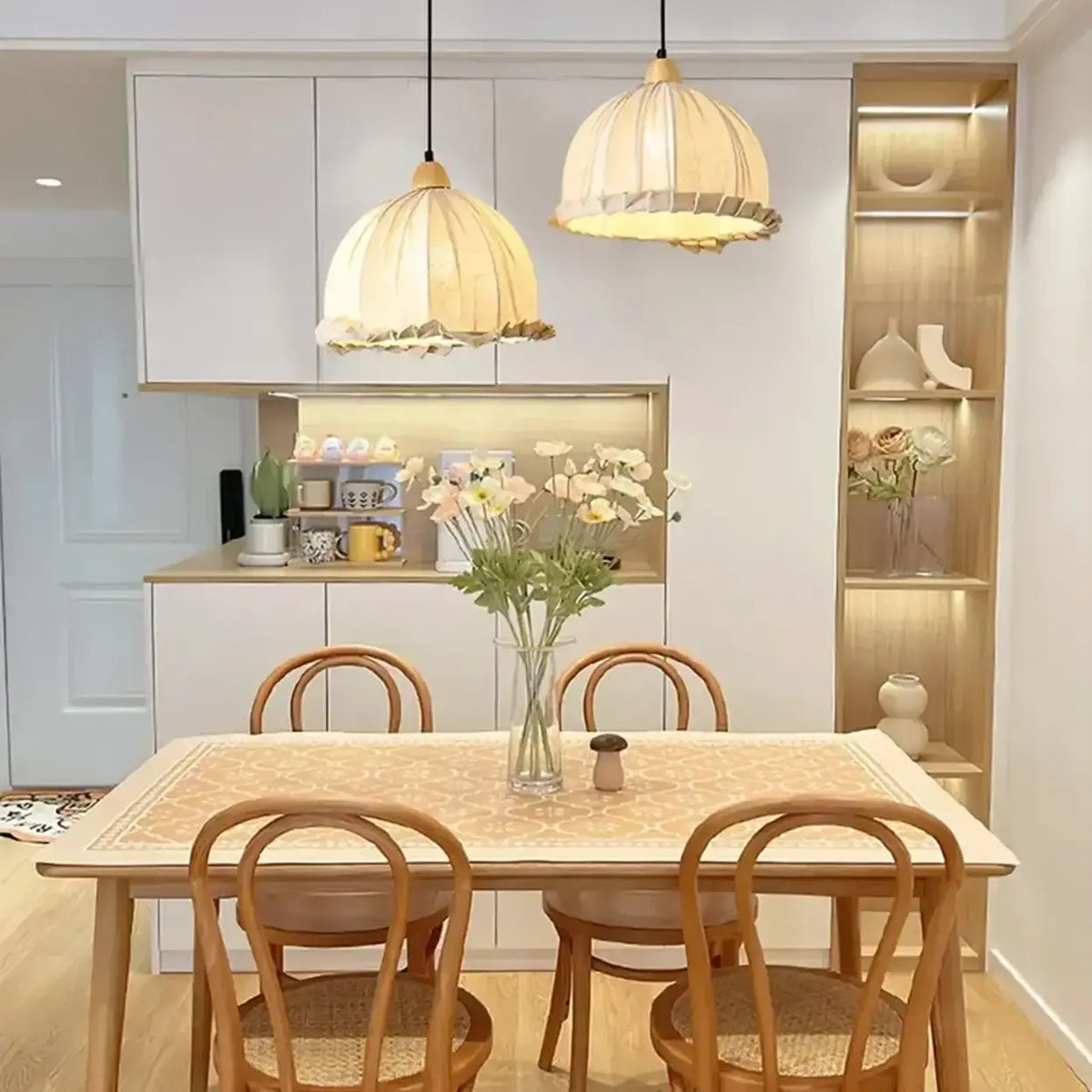 Wood & Linen Drum Ceiling Light 59 in Drop for Dining Tables Kitchen Islands E27 Socket Adjustable Hanging Fixture Natural Minimalist