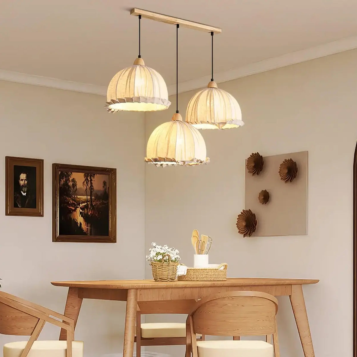 Wood & Linen Drum Ceiling Light 59 in Drop for Dining Tables Kitchen Islands E27 Socket Adjustable Hanging Fixture Natural Minimalist