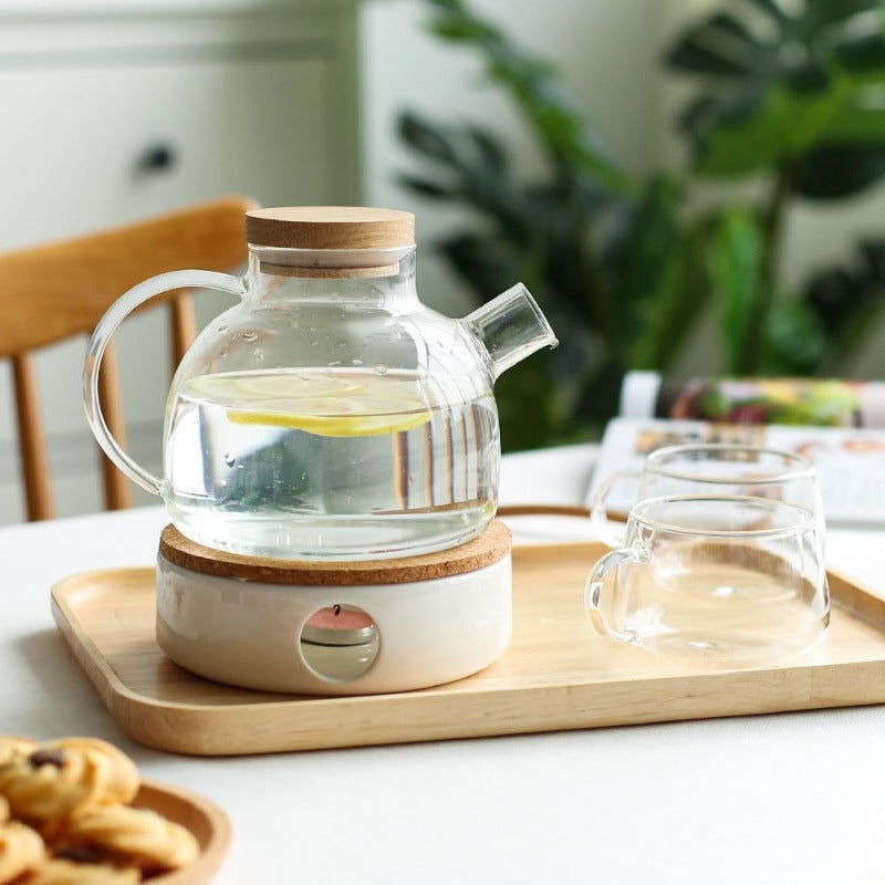 Elegante juego de tetera escandinava con bandeja de roble y calentador de velas | Juego de té para adultos, perfecto para bebidas frías y calientes