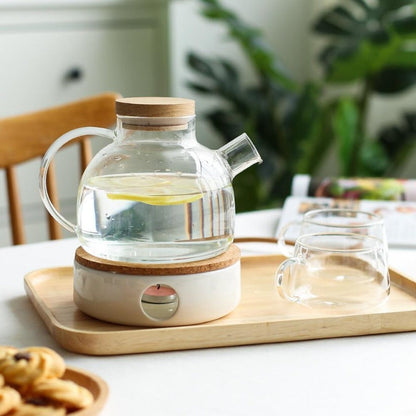 Elegante juego de tetera escandinava con bandeja de roble y calentador de velas | Juego de té para adultos, perfecto para bebidas frías y calientes