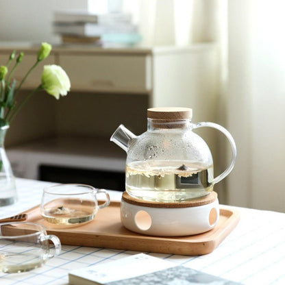 Elegante juego de tetera escandinava con bandeja de roble y calentador de velas | Juego de té para adultos, perfecto para bebidas frías y calientes
