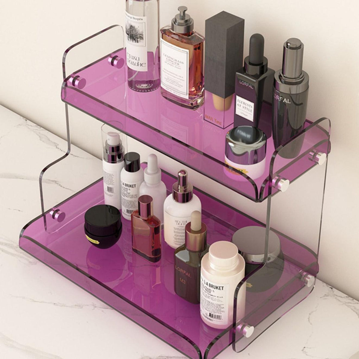 Acrylic Dual-Tier Vanity Organizer Purple 12.6 in Wide Bathroom Countertop Storage Rack for Makeup Skincare Toiletries