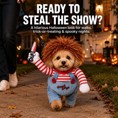 Ortekor Scary Doll Dog Halloween Costume with Wig & Toy Knife – 3-Piece Walking Illusion Set for Trick-or-Treating & Parties