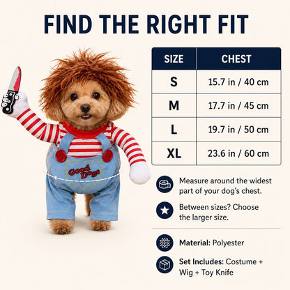 Ortekor Scary Doll Dog Halloween Costume with Wig & Toy Knife – 3-Piece Walking Illusion Set for Trick-or-Treating & Parties