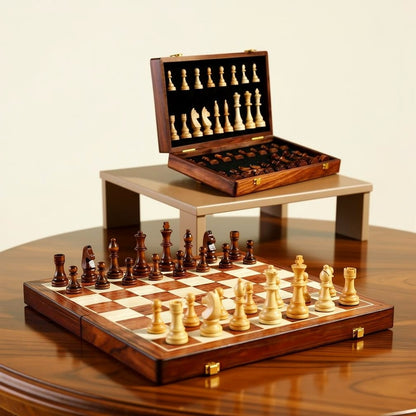 Folding Wooden Chess Set with Carved Pieces & Storage | Portable Travel Board for Home & Trips | Classic Game