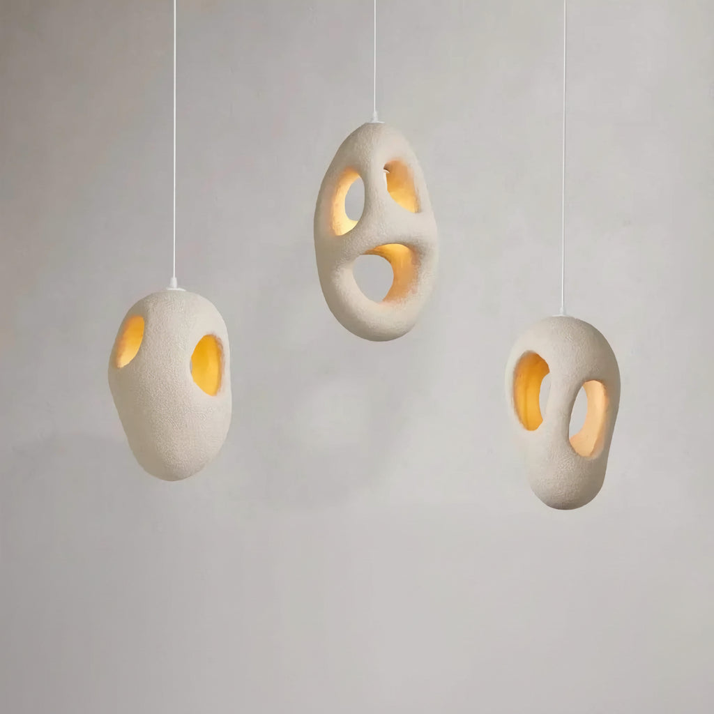 Sculptural Resin Hanging Lamp 12-Inch Cream Organic Sphere Ceiling Fixture for Dining Room Kitchen Island Minimalist Japandi Ambient Lightin