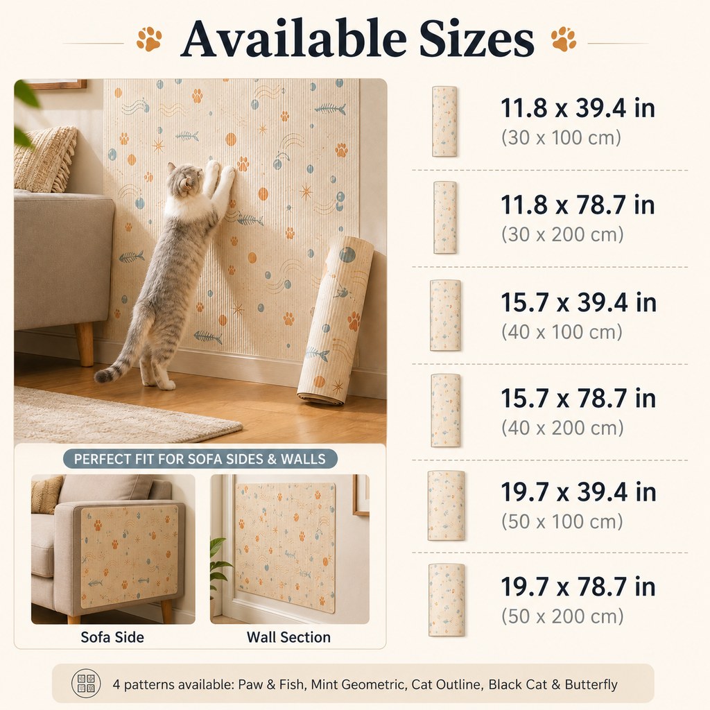 Ortekor Self-Adhesive Cat Scratch Mat for Wall & Furniture Protection – Cuttable Cat Scratching Pad for Sofa, Door, Bedside & Home Surfaces