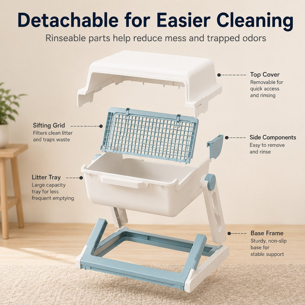 Ortekor Semi-Automatic Cat Litter Box for Indoor Cats - Open Entry Flip-to-Sift Design for Easier Cleanup