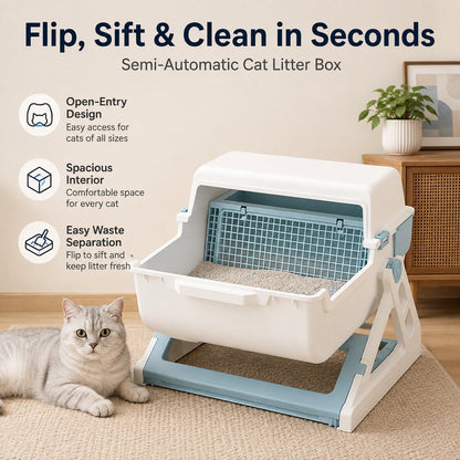 Ortekor Semi-Automatic Cat Litter Box for Indoor Cats - Open Entry Flip-to-Sift Design for Easier Cleanup