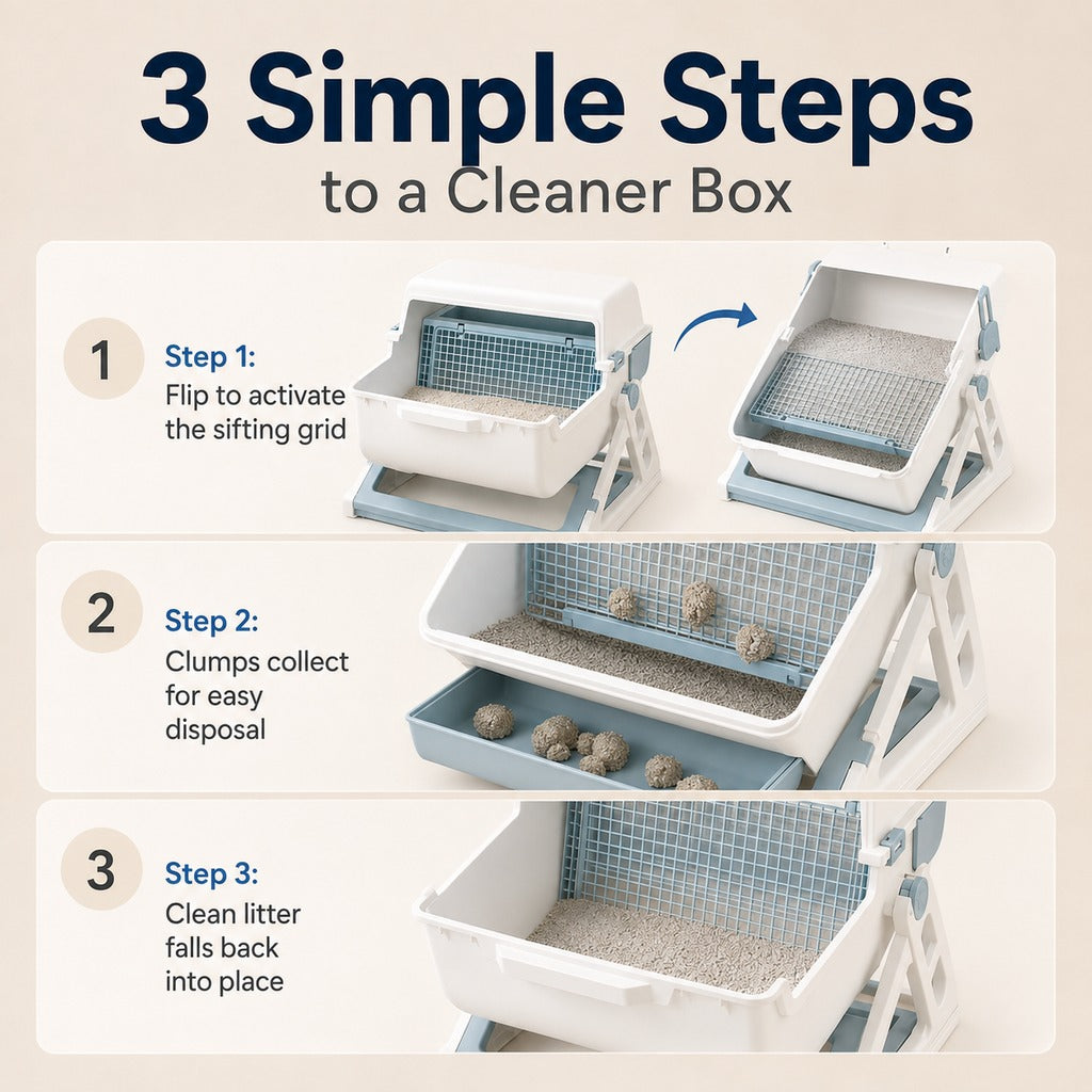 Ortekor Semi-Automatic Cat Litter Box for Indoor Cats - Open Entry Flip-to-Sift Design for Easier Cleanup