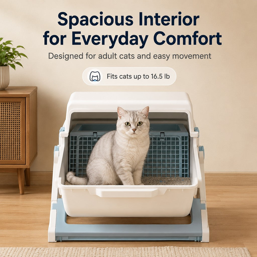 Ortekor Semi-Automatic Cat Litter Box for Indoor Cats - Open Entry Flip-to-Sift Design for Easier Cleanup