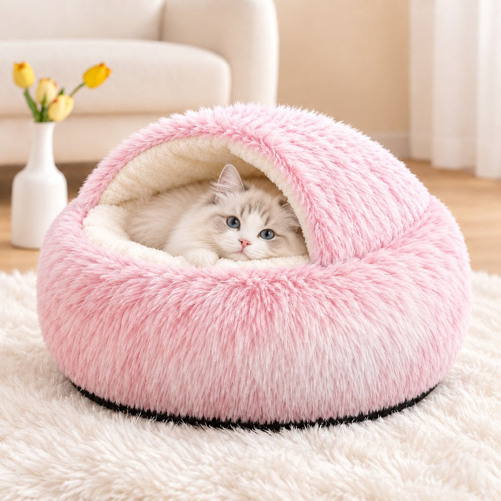 Ortekor Calming Semi-Enclosed Cat Bed for Cozy Sleep, Soft Warm Cave Bed for Indoor Cats & Small Pets