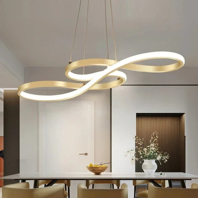 Modern Circle Hanging Fixture with Remote Dimming for Dining Room & Kitchen Island Adjustable Height 47 in Black White Gold Finish Contempor