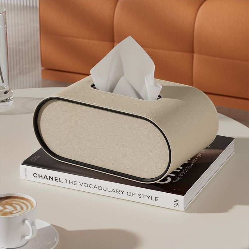 Faux Leather Tissue Holder Oval Desktop Organizer for Home Office Bedroom Bathroom Soft-Close Dispenser Gray Beige Orange