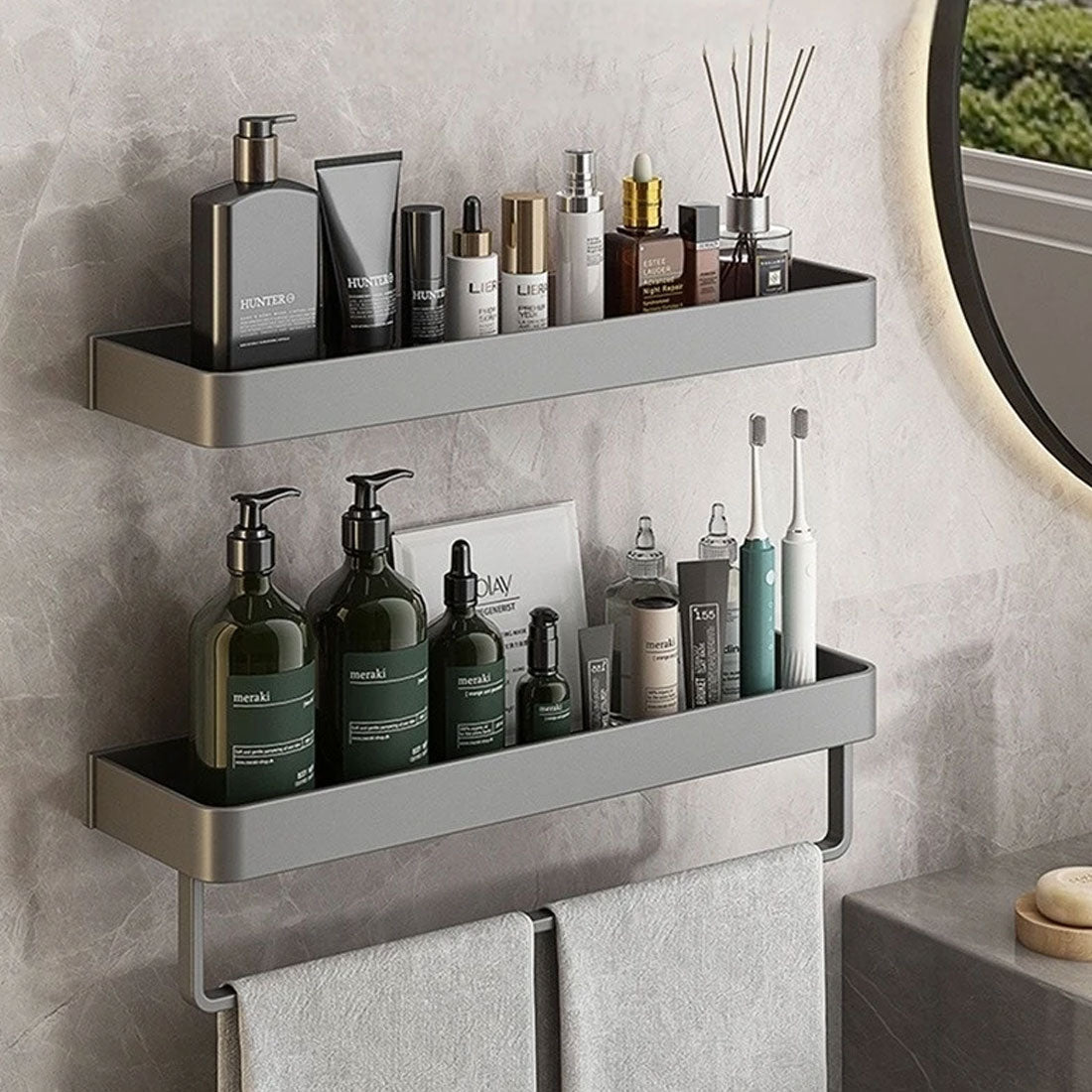 Adhesive Shower Caddy Organizer Gray Aluminum Wall Mount Storage Rack with Towel Bar 12 Inch Floating Shelf for Bathroom Toiletries Soap Sha