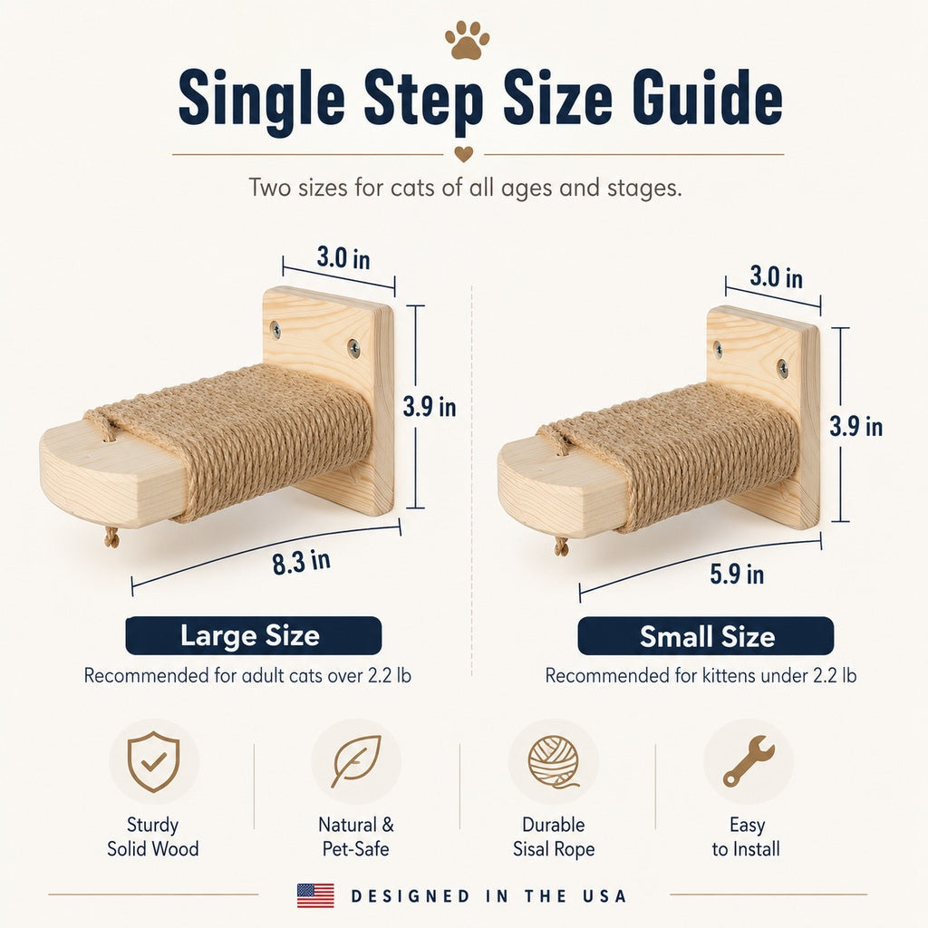 Ortekor Wall-Mounted Solid Wood Cat Steps for Shelves & Perches - Space-Saving Jute Climbing Ladder