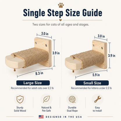 Ortekor Wall-Mounted Solid Wood Cat Steps for Shelves & Perches - Space-Saving Jute Climbing Ladder
