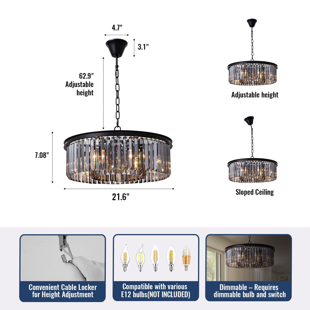 Smoky Gray K9 Crystal Chandelier Round Canopy Pendant for Dining Room Living Room Kitchen Modern Hanging Fixture E12 Bulb Adjustable Chain