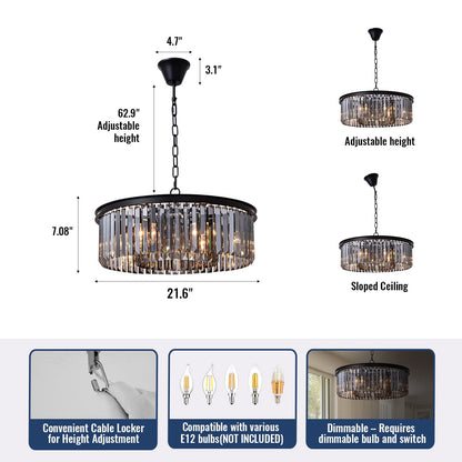 Smoky Gray K9 Crystal Chandelier Round Canopy Pendant for Dining Room Living Room Kitchen Modern Hanging Fixture E12 Bulb Adjustable Chain