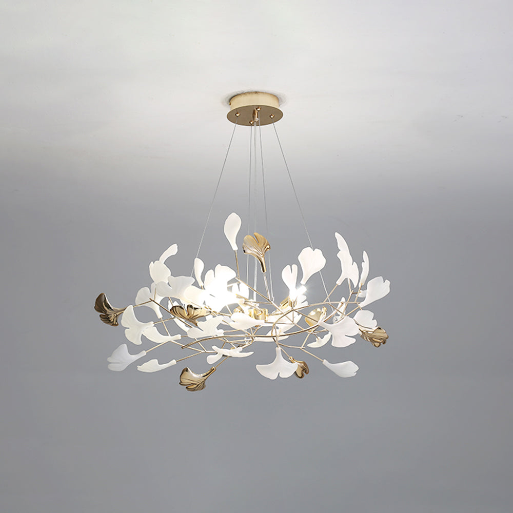Ceramic Leaf Cluster Pendant Light with Adjustable Cord – Gold Metal Frame Multi-Bulb Chandelier for Dining Room, Living Room & Bedroom