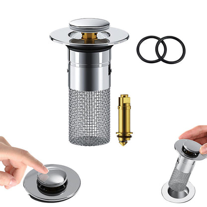 Pop-Up Bathroom Drain Filter with Hair Trap for Washbasin & Shower – Brass Core, Stainless Steel Basket, Universal Fit 1-1.2" Drains