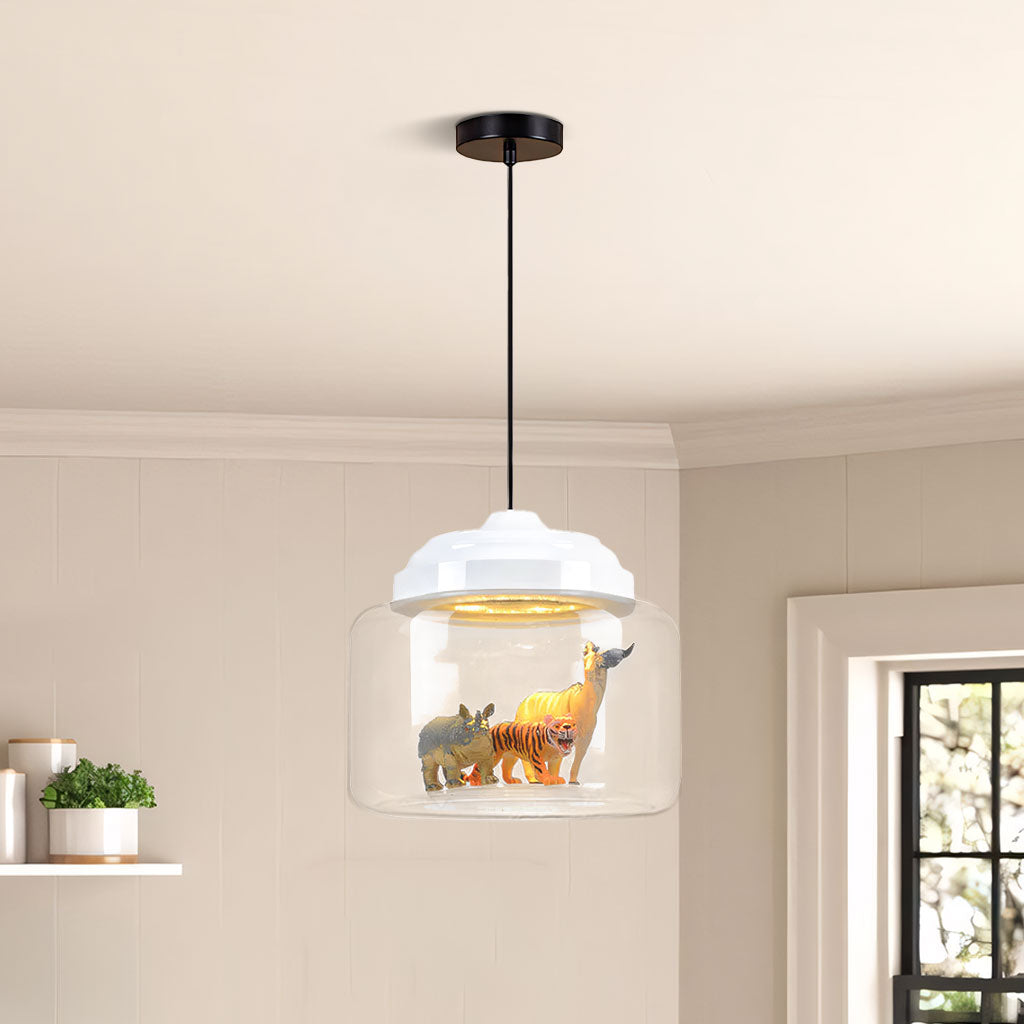 Kids Room Glass Hanging Lamp 8.7 Inches Round Ceiling Light with Fun Animal Characters Nursery Fixture Bedroom Decor for Children Playroom L