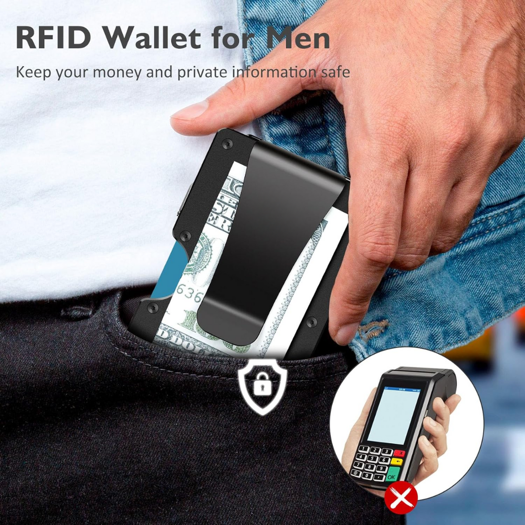RFID-Blocking Carbon Fiber Minimalist Wallet with Integrated Money Clip for Men Front Pocket Card Holder Slim Design Contactless Theft Prote