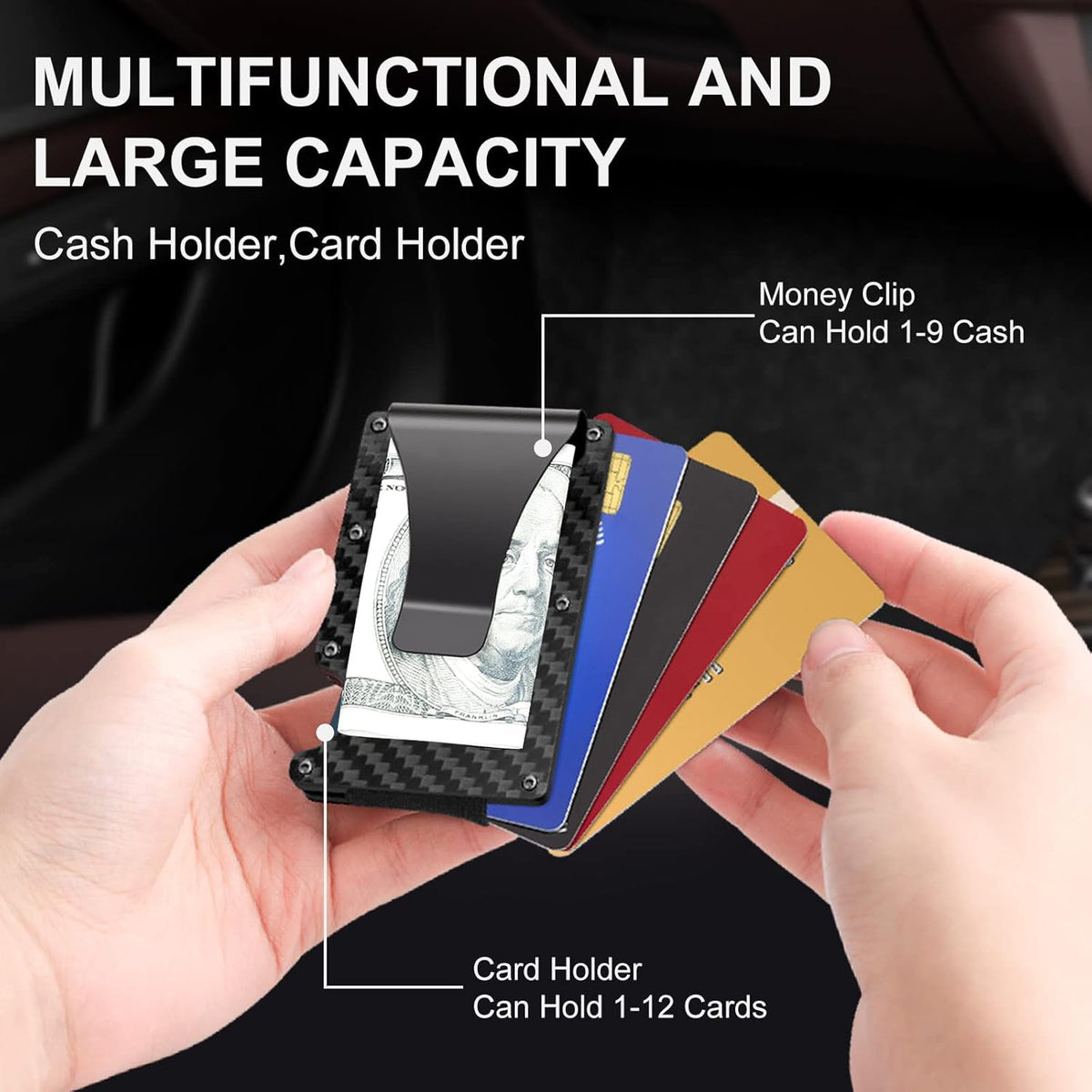 RFID-Blocking Carbon Fiber Minimalist Wallet with Integrated Money Clip for Men Front Pocket Card Holder Slim Design Contactless Theft Prote