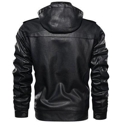 Men's Hooded Faux Leather Moto Jacket - Removable Hood, Water-Resistant PU Coat for Fall & Winter