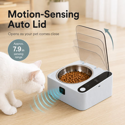 Ortekor Smart Motion Sensor Covered Cat Bowl for Cleaner Indoor Feeding - Auto Open Lid Helps Keep Food Covered from Dust, Hair & Flies