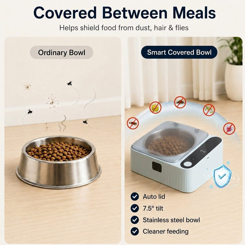 Ortekor Smart Motion Sensor Covered Cat Bowl for Cleaner Indoor Feeding - Auto Open Lid Helps Keep Food Covered from Dust, Hair & Flies