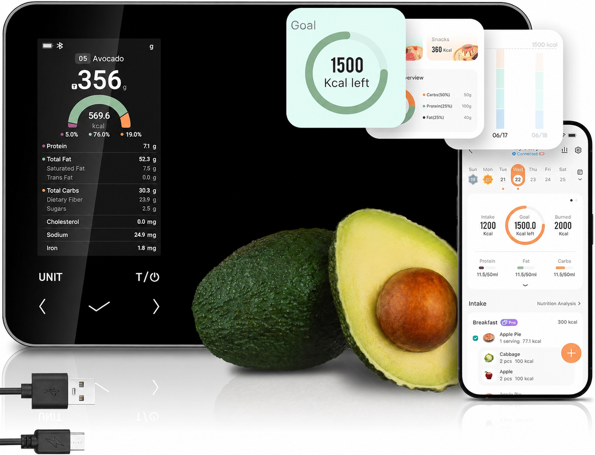 Báscula de cocina inteligente | Báscula digital de alimentos con calculadora nutricional | Medición de peso precisa para la preparación de comidas saludables