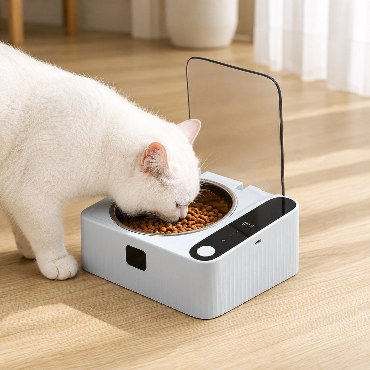 Ortekor Smart Motion Sensor Covered Cat Bowl for Cleaner Indoor Feeding - Auto Open Lid Helps Keep Food Covered from Dust, Hair & Flies