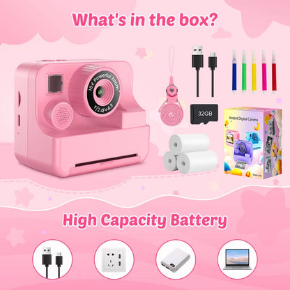 Kids Digital Camera with Instant Print – 1080P HD Photo & Video Recorder, 16x Zoom, Built-In Games, 32GB Memory & Coloring Pens for Ages