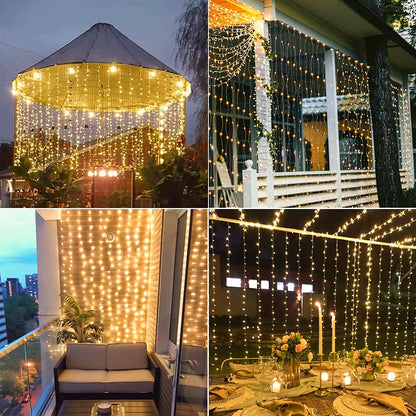 Solar-Powered LED Curtain Light 300 Bulb Waterproof Outdoor String for Patio Backyard Pergola Fence Wedding Party Decor Cascading Warm Glow
