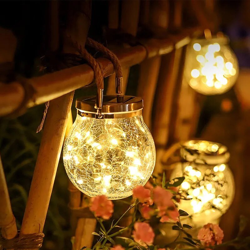 Outdoor Crackled Glass Solar Lantern with Auto Dusk Sensor & LED Light for Garden, Patio, Pathway & Porch Decor