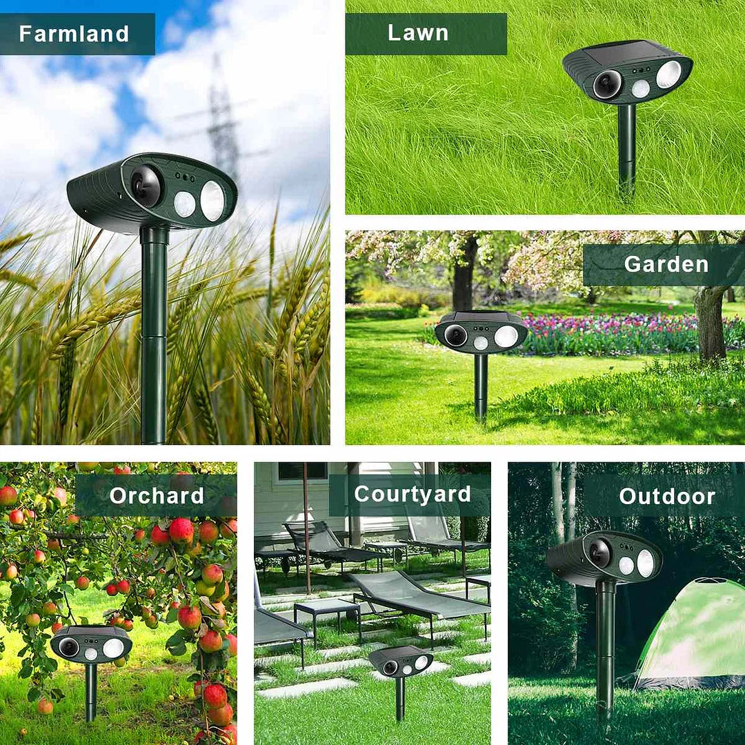 Motion-Activated Animal Deterrent with Solar Charging – Ultrasonic Pest Control for Yard & Garden Protection (4-Pack)
