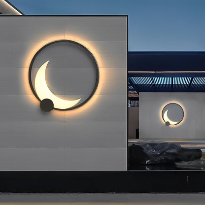 Crescent Moon LED Outdoor Sconce Black Stainless Steel Waterproof 14 in Round for Patio Entrance Garden Wall Solar Hardwired