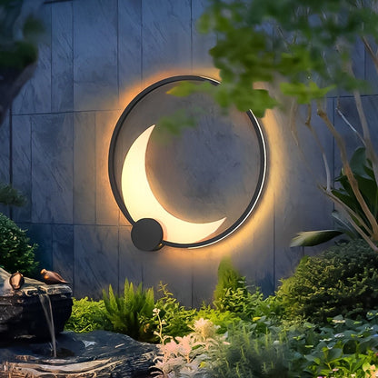 Crescent Moon LED Outdoor Sconce Black Stainless Steel Waterproof 14 in Round for Patio Entrance Garden Wall Solar Hardwired
