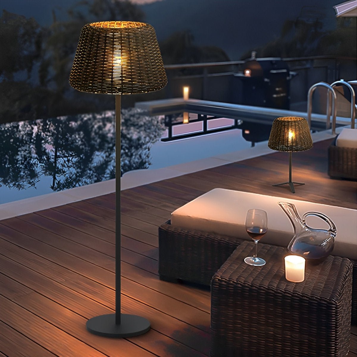 Woven Standing Patio Light 69 in Tall Weatherproof Warm White LED Solar or Plug-in Outdoor Garden Torch for Deck Poolside Terrace