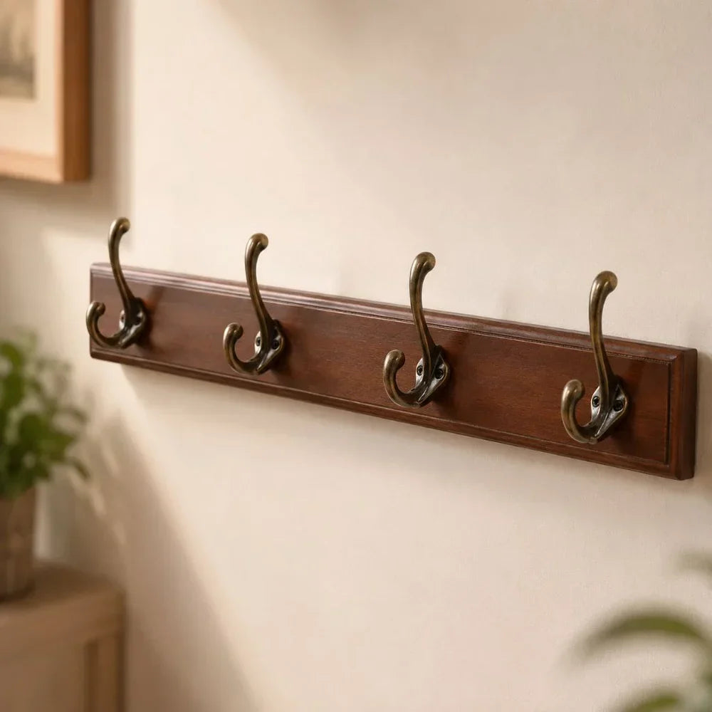 Perchero de pared de madera maciza para entrada, organizador para chaquetas, bufandas y bolsos con acabado de veta natural, opciones de 3, 4 y 5 ganchos, ideal para apartamentos y recibidores