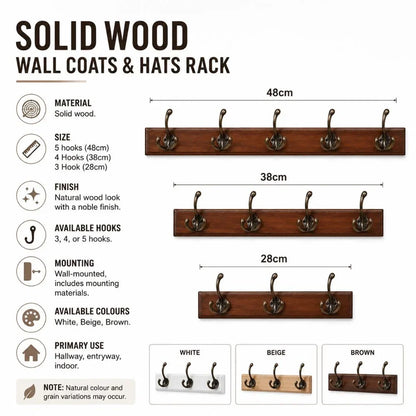 Perchero de pared de madera maciza para entrada, organizador para chaquetas, bufandas y bolsos con acabado de veta natural, opciones de 3, 4 y 5 ganchos, ideal para apartamentos y recibidores