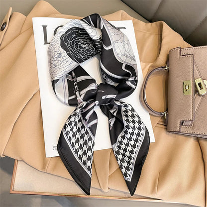 Plaid Silk Square Scarf 27.5 in Women's Neck Wrap Hair Band Accessory Spring Summer Multi-Wear Lightweight Fashion Kerchief
